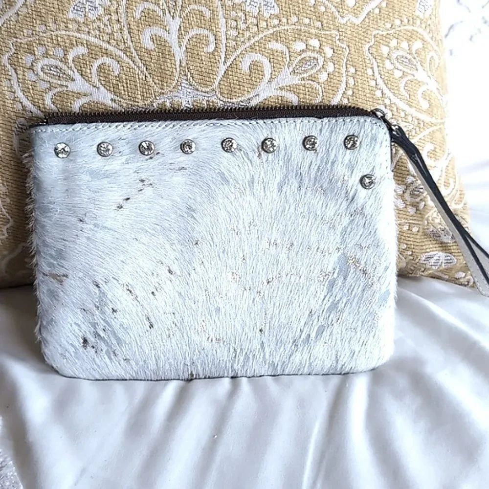 Patricia Nash Cassini White/Aqua Metallic Cow Hair Medium Clutch With Crystals - Picture 5 of 16